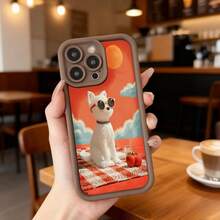 Cubierta de teléfono con borde negro diseño de gato con gafas de sol sobre mantel a cuadros rojo y blanco fondo naranja con nubes y sol para uso diario en cafeterías Aplicable a los teléfonos de la serie Apple y Galaxy - Burdeos - Ver 5