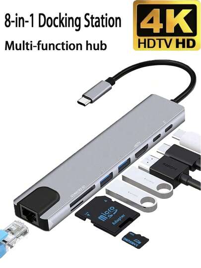 8-In-1 USB-C Hub Type-C To 4K HDTV Adapter With 100m RJ45 Card Reader And Fast Charging For MacBook And Windows Laptops