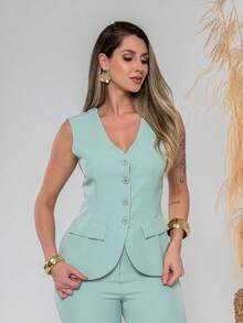 Elegant Plain Vest And Trousers Set C3302 - 薄荷綠 - 查看 5