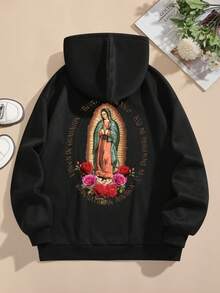 INAWLY Women's Printed Hoodie With Virgin Mary Back Design,Long Sleeve Tops Graduation,Back To School Outfits,Graduation,Teacher Outfits For Women,Back To School Pullover Fall Outfit - Negro - Ver 2