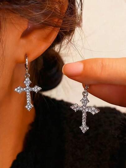 1 par de nuevos pendientes con cruz de estilo gótico, elegantes y brillantes de cristal, de estilo punk minimalista, adecuados para uso diario y festivales