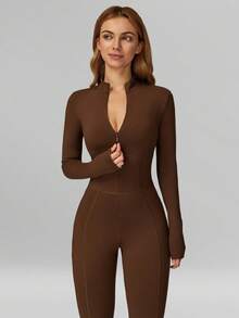 MFVIM Deep Brown Slim Fit Thermal Jumpsuit, Comfortable Casual Sexy Activewear For Yoga, Gym, Running And Workout, Versatile Autumn/Winter Jumpsuit - Coffee Brown - View 8