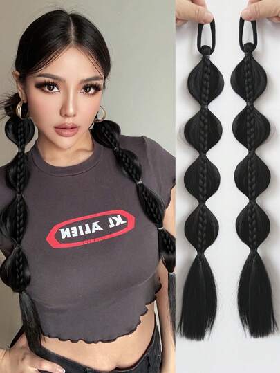 2 Pieces Bubble Ponytail Braid Wig Synthetic Braid Extension With Hair Tie - Black Elegant Wig For Women And Girls, DIY Daily Accessory, Diverse Styling Options, Fashionable Hair Accessories, High-Quality Hair Accessories, Perfect For Fashion Enthusiasts