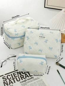 Light Blue Bow Print Large Capacity Makeup Bag, Multi-Functional Cosmetic Organizer Pouch, Wallet Style Storage Bag, Portable Makeup Brush Holder, Zipper Closure Organizer Bag For Skincare, Cosmetics, Lip Balm, Sunscreen, Hand Cream, Earphones, Coins, Stationery, Small Items, Travel Essential, Cruise Essential, Dorm Essential, Cosmetic Bag, Cosmetic Storage Box, Cosmetic Organizer, Clutch, Women's Clutch, Women's Gift, Christmas Gift, Great Gift For Her - Baby Blue - View 10