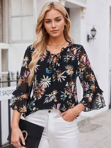 CheersLife 女士衬衫，优雅休闲荷叶边七分袖V领碎花雪纺衬衫 - 黑色 - 查看 3