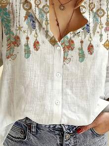 Women's Cotton Linen Blouse With Long Sleeves, Plus Size - Branco-w2 - View 2