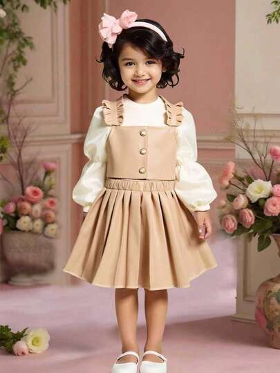 3pcs Girls Autumn/Winter Fashion Faux Leather Outfit Set, Includes: Khaki Ruffle Shoulder Strap Jacket, Khaki Puff Sleeve Blouse, Khaki Pleated Mini Skirt, Stylish & Chic Casual Wear