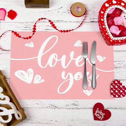 Conjunto de 1/4/6 peças de jogos americanos/porta-copos de linho com estampa elegante e fluida de corações brancos, com o tema "Amo você".