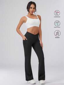 High Waist Flared Yoga Pants With Pockets, Slim Fit Tummy Control Loose Wide Leg Dance Trousers For Women - Black - View 6