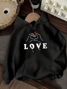 Sudadera con capucha de manga larga para mujer, moda e informal, con letras y estampado de patrones, top de manga larga con capucha para otoño e invierno - Negro - Ver 1