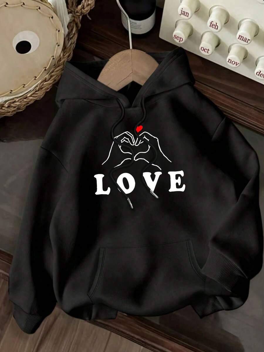 Sudadera con capucha de manga larga para mujer, moda e informal, con letras y estampado de patrones, top de manga larga con capucha para otoño e invierno - Negro - Ver 1