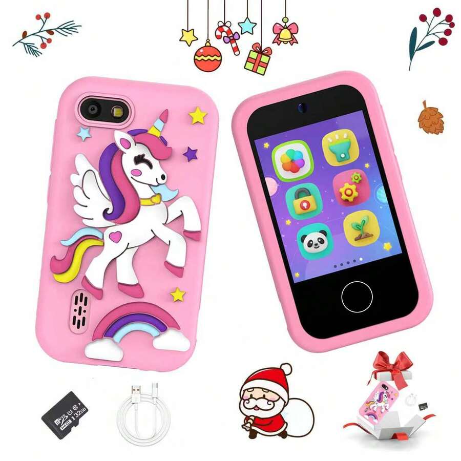 儿童智能手机玩具，触屏高清双摄像头儿童手机，圣诞节生日礼物独角兽幼儿玩具手机，适合3-10岁男孩女孩，旅行玩具，学前儿童学习玩具 - 彩色 - 查看 1