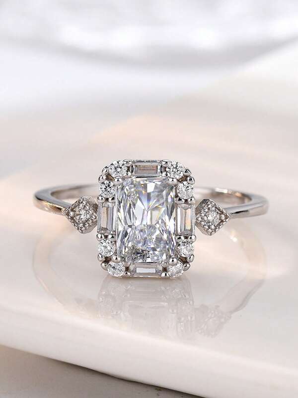 خاتم خطوبة/اقتراح من الفضة الإسترليني عيار 925 بتصميم هندسي مربع من الزركونيا الاصطناعية، أنيق ومناسب للارتداء اليومي، هدية رائعة للحبيب في المناسبات والأعياد