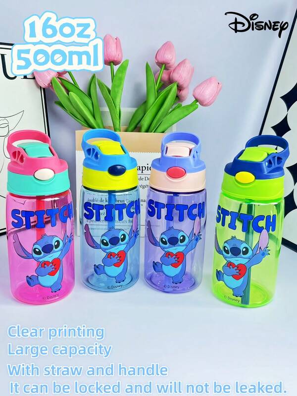 Disney 1 pieza Botella de agua deportiva de plástico con licencia Disney de Stitch, vaso aislado, vaso frío, vaso para auto, con asa portátil, sellado y a prueba de fugas, con impresión de personaje de dibujos animados lindo, gran capacidad de 500ml/16oz en azul, rosa, morado, verde, diseño de moda/resistente a la oxidación/duradero/multicolor/vaso a prueba de fugas/con tapa, adecuado para regalos de cumpleaños, Acción de Gracias, regalos de Navidad (las piezas del producto pueden ser aleatorias)