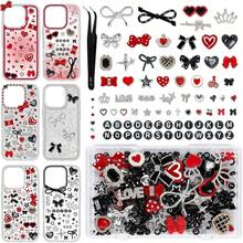 Junk Phone Case Charm Kit With Y2K Cool Aesthetic Bows Stars Hearts Round Letter Beads Rhinestones Red Black Flat - Back Resin Charm Bulk Customizing Cases - ban đầu - Xem 1