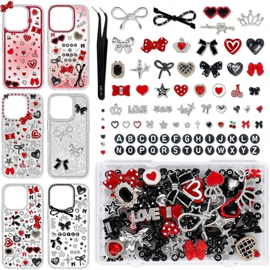 Junk Phone Case Charm Kit With Y2K Cool Aesthetic Bows Stars Hearts Round Letter Beads Rhinestones Red Black Flat - Back Resin Charm Bulk Customizing Cases - ban đầu - Xem 1