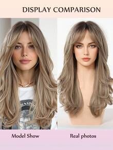 22 Inches Curly Wig With Split Bangs Light Brown And Blonde Highlight Layered Wig Party Ready Beachy Textured Curls Fashionable Elegant  Go-To Everyday Look New Signature Look Cosplay Wigs Party Wigs Suitable For Daily Party Festival And Cosplay Wigs For Women Hairstyle Christmas Wig - 挑染棕色 - 查看 2