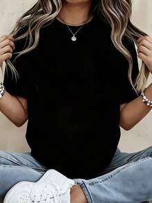 Black Basic Short Sleeve T Shirt For Women Casual Loose Fit Round Neck Top Solid Color Cotton Tee Shirt Everyday Wear Fashionable Comfortable Women's Tops - màu đen - Xem 1