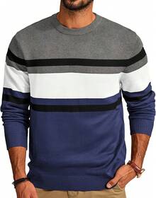 Mens Striped Pullover Sweater Crewneck Contrast Fine Knitted Sweaters - 海軍藍-白色-黑色 - 查看 12