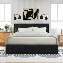 (=622122AAS) Upholstered Bed With 4 Drawers, Double Bed With Slatted Frame, Bed With Storage, Height Adjustable Headboard And Square Stitching Design, Metal Slat Support, Linen Material (140*200, Black) - 黑色+亞麻 - 查看 2