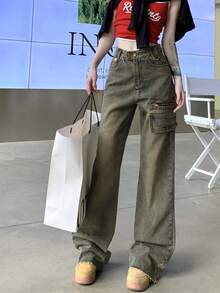 Women's Casual Loose Pockets Straight Leg Jeans