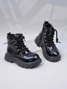 Girls' Flower Lace-Up Zipper Boots, Casual Slip-Resistant Patent Leather Warm Ankle Boots For Kids, Toddlers, Children, Autumn/Winter - Black - View 6