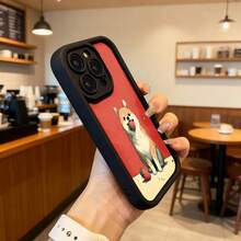 Cubierta de telefono con borde negro y fondo rojo con estampado de perro shiba inu comiendo fresa para uso diario en cafeterias Aplicable a los teléfonos de la serie Apple y Galaxy - Café integral - Ver 6