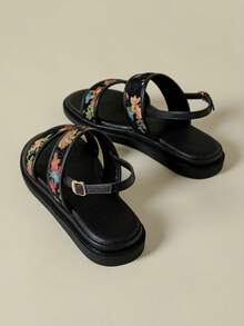 Women's Thick Sole Strap Sandals, Bohemian Style Ditsy Floral, Open Toe, Non-Slip, Comfortable, Summer New Wedge Heel, Fashion Outdoor Beach, Random Embroidered Colorful Flowers, Suitable For Spring/Autumn, Size 41-43 - Black - View 4