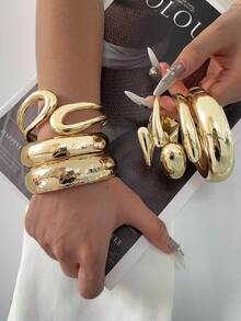 3件/2件/1件 奢华手镯套装，金手镯，宽手镯，厚手镯，手镯套装，宽手镯，时尚独特风格超大金手镯 - 金黃色 - 查看 5