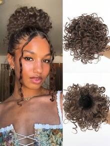 1 pieza Extensión de cabello sintético con moño rizado y ondulado desordenado con cordón elástico para uso diario, cosplay, festivales de música, fiestas y vacaciones de mujeres - Multicolor - Ver 14