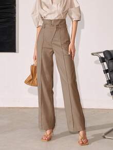 Women's Solid Color High Waisted Straight Leg Casual/Business Pants, Spring And Summer - Khaki - View 1