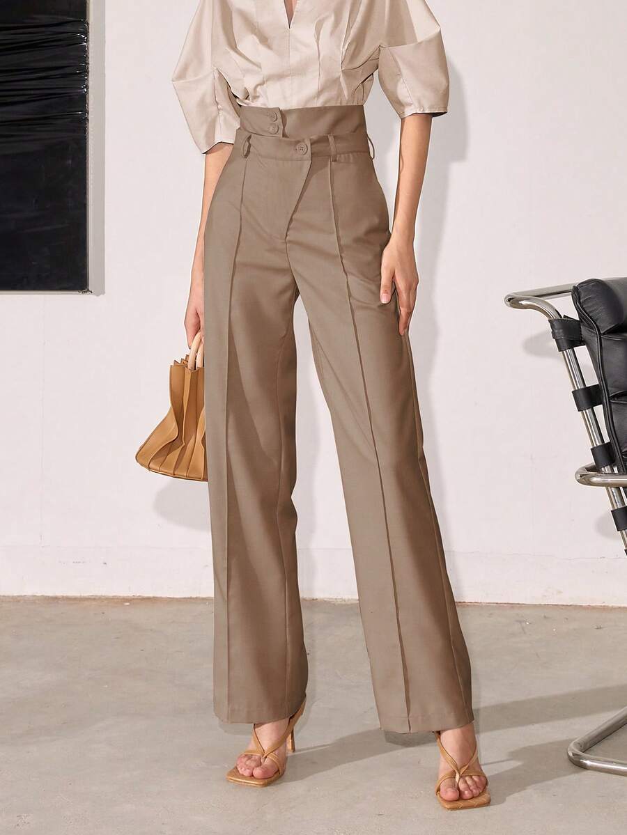 Women's Solid Color High Waisted Straight Leg Casual/Business Pants, Spring And Summer - Khaki - View 1