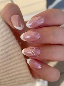 24片短尖头美甲贴纸，白色蝴蝶结可爱美甲套装（包含1瓶果冻胶和1把指甲锉），适合女性日常、约会、派对美甲 - 彩色 - 查看 7