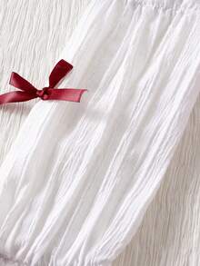 女童公主裙，方领，网眼拼接袖，蝴蝶结装饰，春秋季 - 酒紅色 - 查看 8