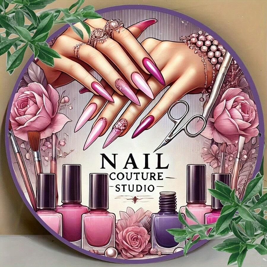 1pc Vintage Aluminum Nail Art Wall Decor - 7.87x7.87 Inch Floral Manicure Design With Pink Roses & Pearls, Retro Metal Wall Art For Living Room, Bedroom, Office, Outdoor - No Tools Needed, Perfect Holiday Gift, Bedroom Decoration | Intricate Design - 彩色 - 查看 1