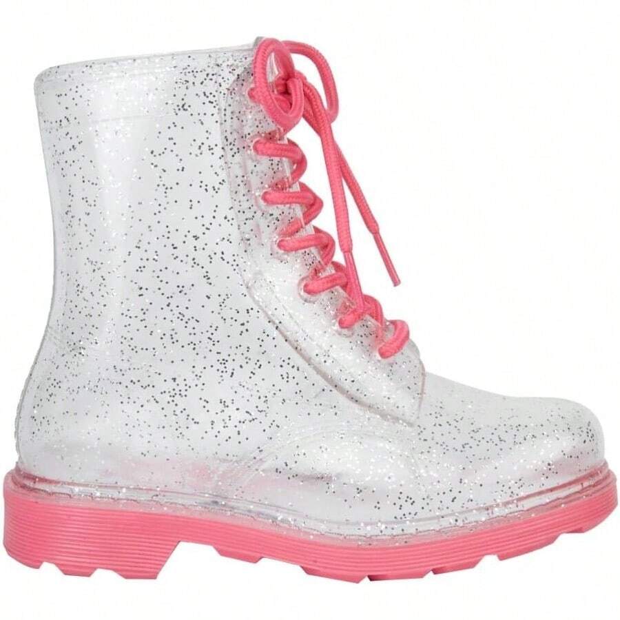 VIVIS SHOES KIDS Bota de Lluvia Corta de Plástico Transparente para Niña con Agujeta con Suela de Color para Otoño con Glitter Color Rosa Traslucida - como en la foto - Ver 1