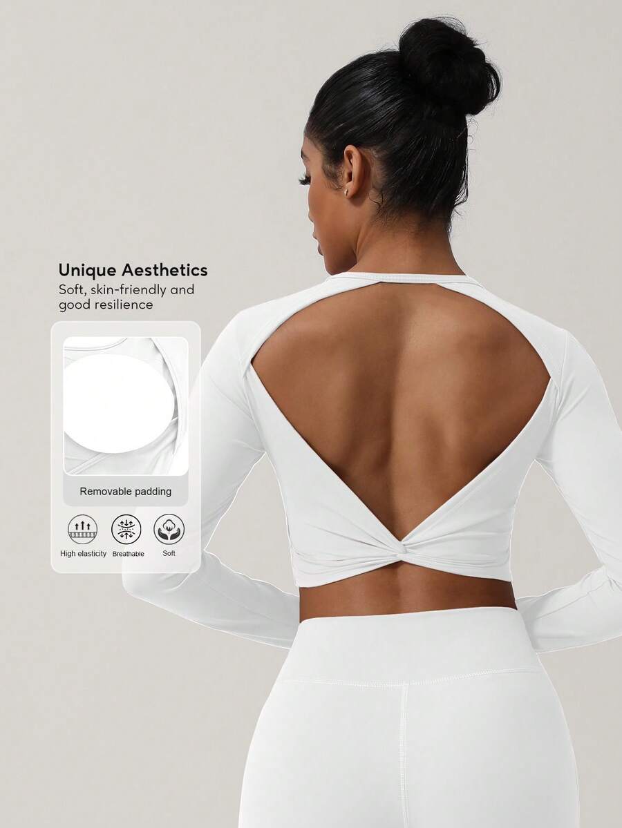 Sodalemon Áo croptop thể thao dài tay nữ màu trắng, kiểu dáng xoắn lưng, có lỗ ngón tay cái, màu sắc mùa xuân.