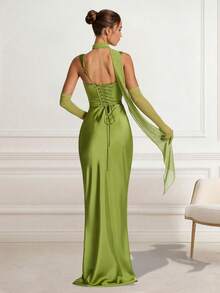Women's Sleeveless Spaghetti Strap Knit Slit Maxi Cocktail Party Dress With Bow Backless Design (No Sleeves) - Green - View 3