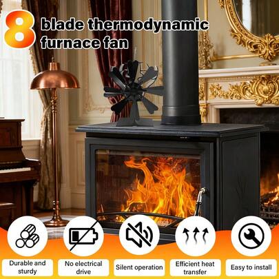 Heat-Powered Wood Stove Fan With Built-In Thermometer - Silent Non-Electric Fireplace & Pellet Burner Fan, 8-Blade Design, Durable Aluminum Construction, Fireplace Fan, Pellet Burner Accessory, Modern Fan Design, Highspeed Fan