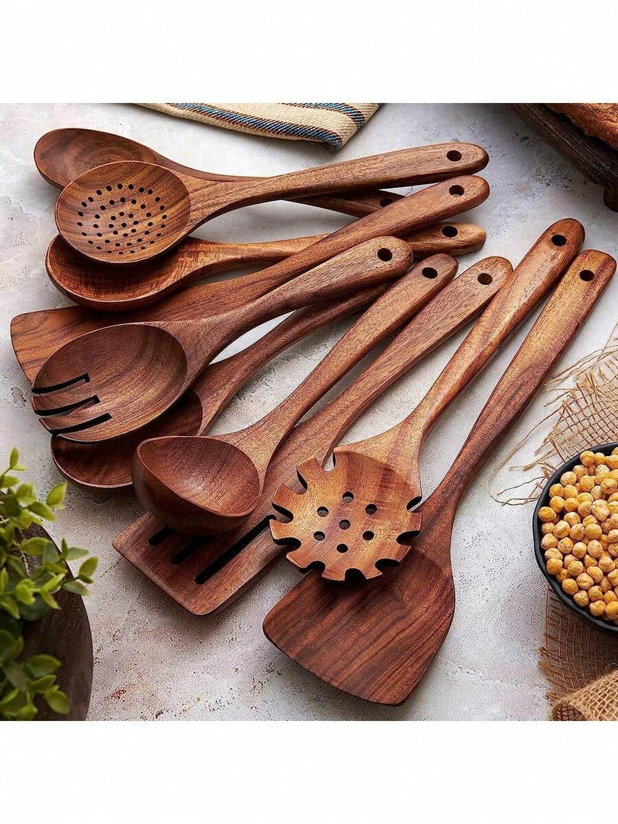 5pcs Wooden Spoons, Sturdy Wooden Kitchen Utensils With A Box, Lightweight And Heat Resistant, Kitchen Supplies Baking Accessories - 咖啡棕 - 查看 1