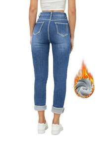 冬季保暖内衬紧身洗水牛仔裤 - 中藍 - 查看 3