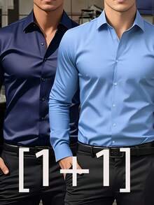 Kit Of 2 Men's Long-Sleeved Plus-Size Shirts, Solid Color, Business Casual Style, Comfortable And Breathable. - xanh navy/xanh nhạt - Xem 1
