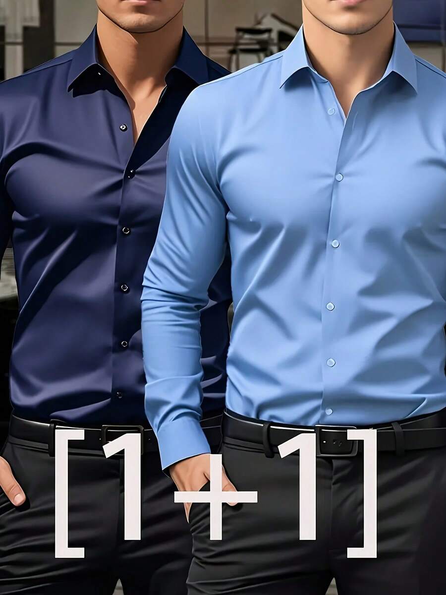 Kit Of 2 Men's Long-Sleeved Plus-Size Shirts, Solid Color, Business Casual Style, Comfortable And Breathable. - xanh navy/xanh nhạt - Xem 1