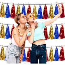 3P Metallic Fringe Tassel Banner Garland Foil Tinsel Streamer Wall Hanging Curtain Backdrop Banner For Parade Floats, Graduation Decorations, Father's Day Party Decoration(Silver)Halloween Christmas New Year - 金色 藍色 紅色 - 查看 4