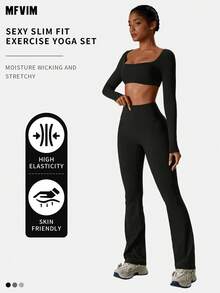 MFVIM Women's Black Long Sleeve Cropped Top And Flare Pants Set, Square Neck Fitted Style And High Waist Elastic Tummy Control Flare Yoga Pants. Suitable For Outdoor Running, Cycling, Yoga, Pilates, Gym Workout, 2-Piece Fitness Outfit For Women - Black - View 3