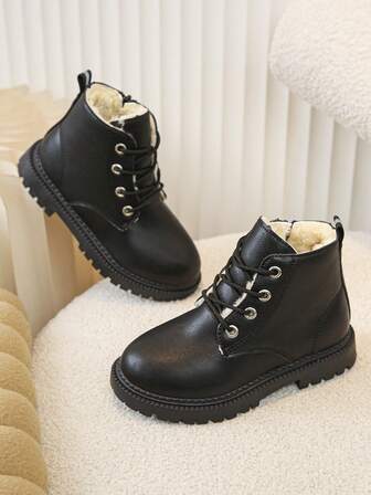 1 par barnstövlar med dragkedja i sidan, varma höst-/vinterstövlar i PU-läder för barn, snöstövlar för flickor, förtjockade vinterskor för småbarn, lämpliga för vandring inomhus och utomhus