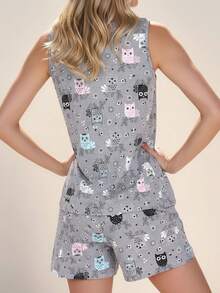 Women 2pcs Set Cartoon Owl Print Camisole And Shorts Pajama Set, Summer Loungewear - Multicolor - View 2