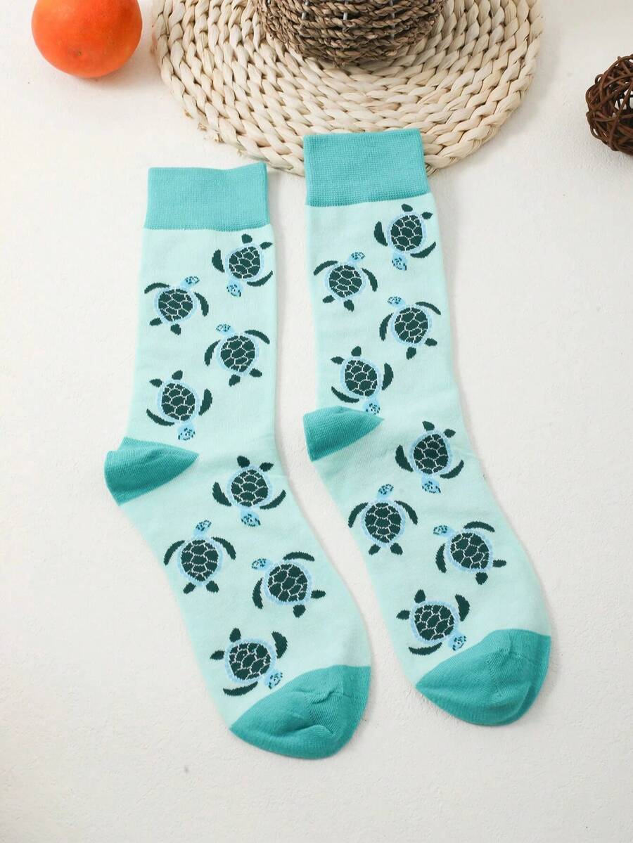 1pair Women Turtle Pattern Fashionable Crew Socks, For Daily Life, Fall Socks - Multicolor - View 1