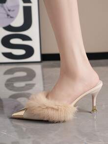 Pointed Toe High Heel Faux Fur Slip-On Mules For Women, New Arrival Autumn/Winter 2025,Kitten Heels - Beige - View 4