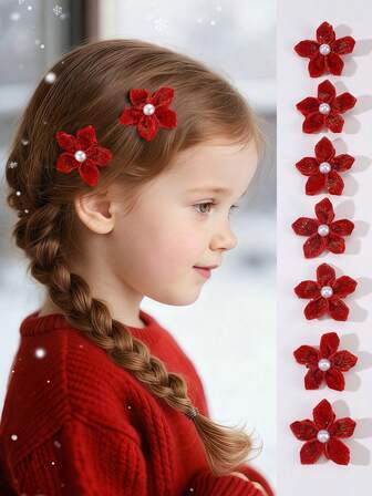 5pcs/10pcs Girls Red Pearl Flower Hair Clips Set, Suitable For Daily Decoration